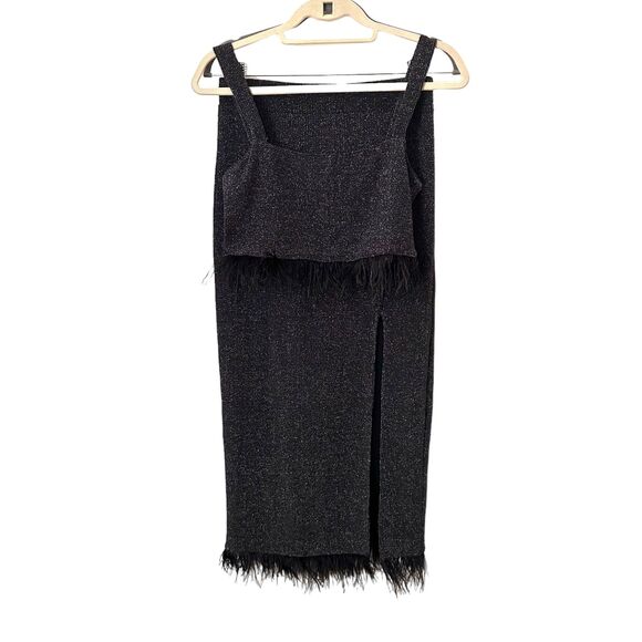 SAYLOR Tiggy‎ Feathered-Trimmed Knit Skirt Set Black Sz Medium - Picture 2 of 7